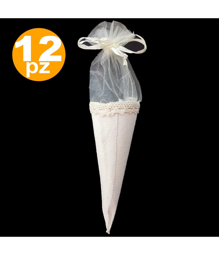 Bomboniera Coni Bianco Avorio Tessuto Sacchetto Porta Confetti Riso Matrimonio         