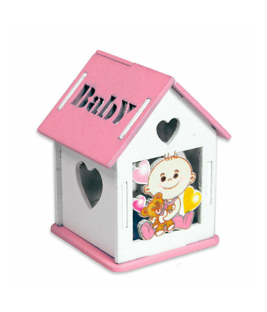 Bomboniera In Legno Casetta Con Tetto Apribile Per Nascita Battesimo Bimba Rosa         