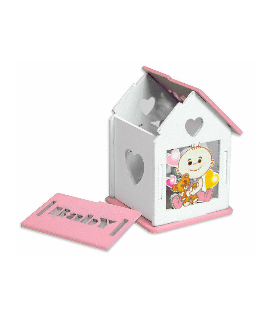 Bomboniera In Legno Casetta Con Tetto Apribile Per Nascita Battesimo Bimba Rosa         