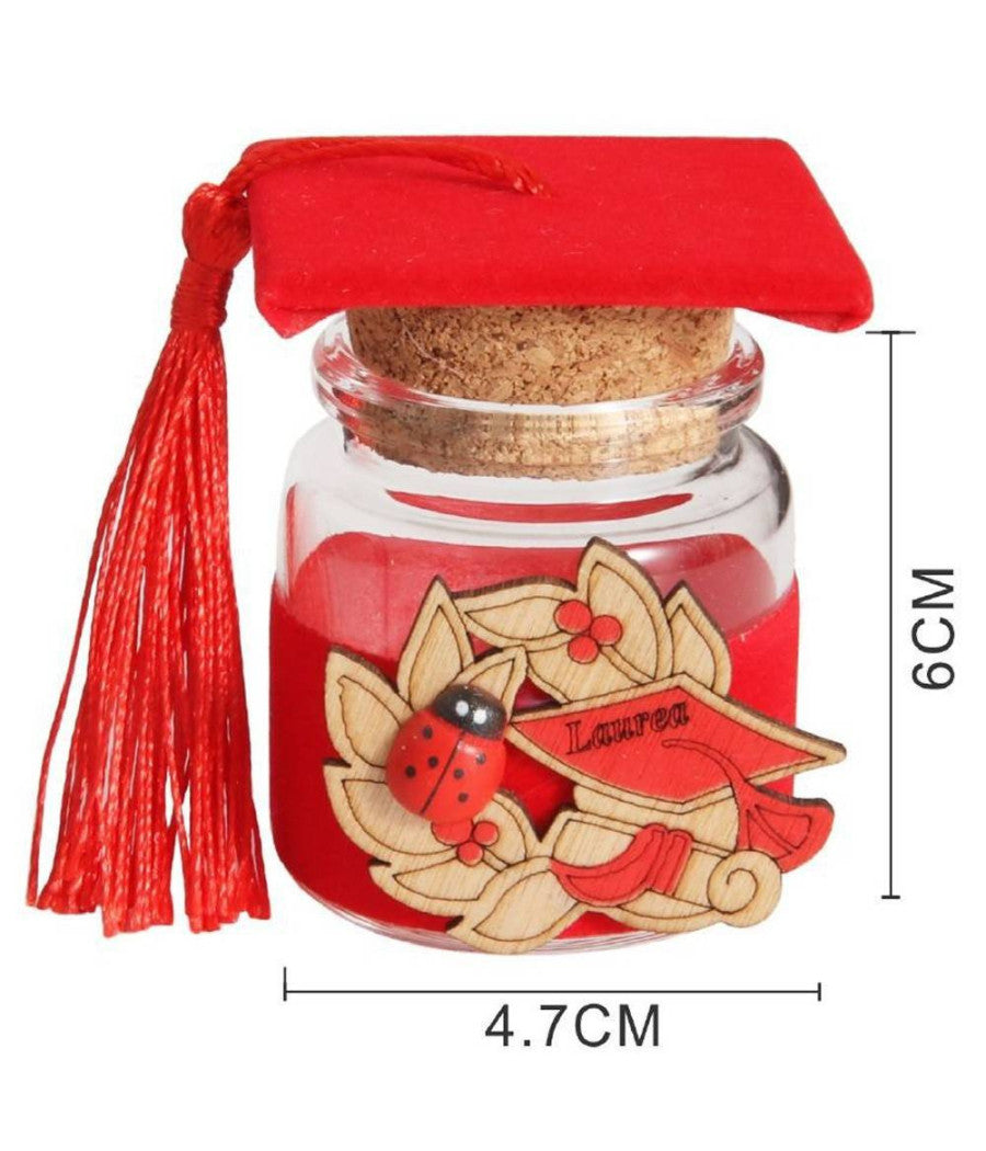 Bomboniera Portaconfetti Per Festa Di Laurea Con Tocco Rosso In Vetro E Sughero         