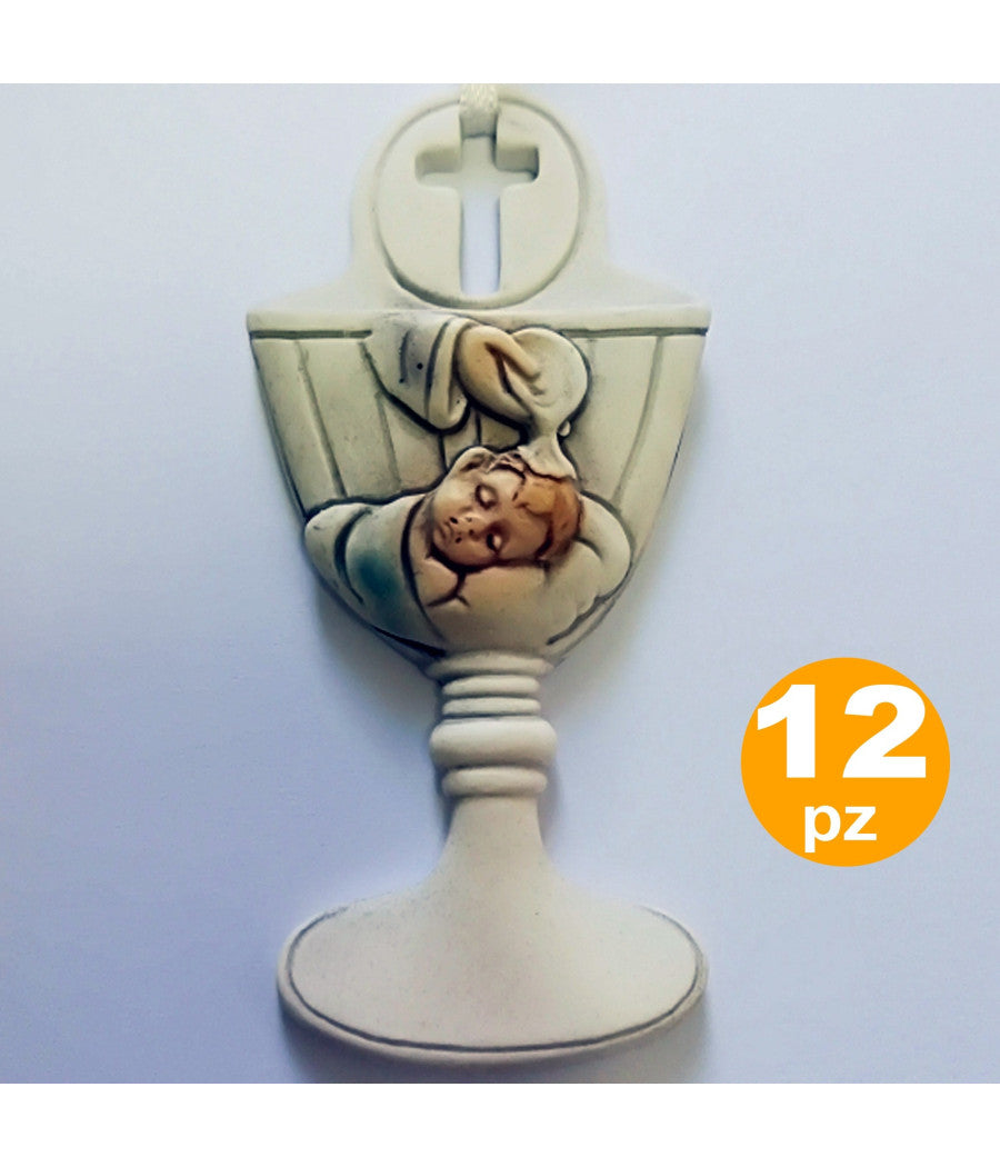 Bomboniere Per Battesimo Bambino Calice Acqua Santa Bianco Ceramica Appendino         