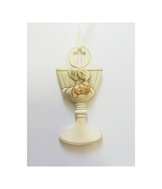 Bomboniere Per Battesimo Bambino Calice Acqua Santa Bianco Ceramica Appendino         