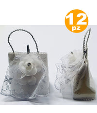 Bomboniere Sacchetto Bustina Bianco Fiore Glitter Porta Confetti X Matrimonio         