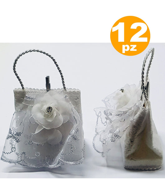 Bomboniere Sacchetto Bustina Bianco Fiore Glitter Porta Confetti X Matrimonio         