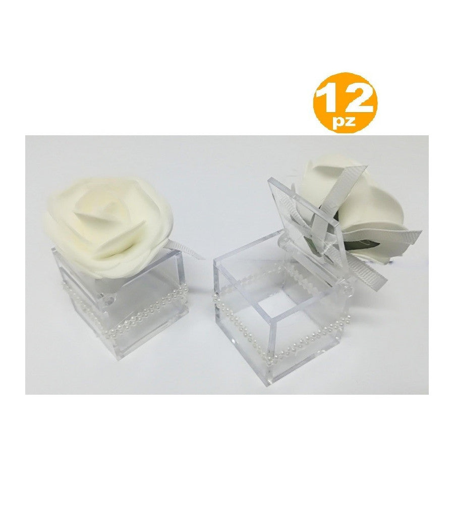 Bomboniere Scatola Con Rosa Bianca Perle Cubo 4.5cm Portaconfetti Per Matrimonio         