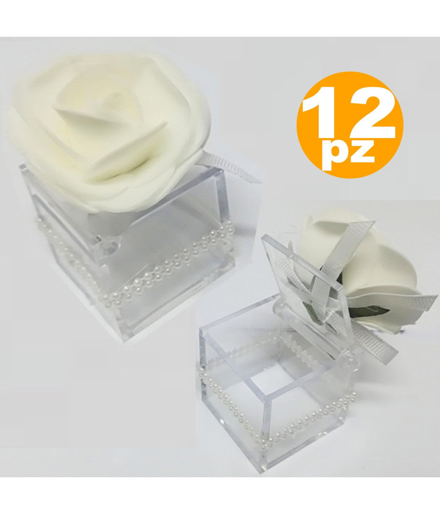 Bomboniere Scatola Con Rosa Bianca Perle Cubo 4.5cm Portaconfetti Per Matrimonio         
