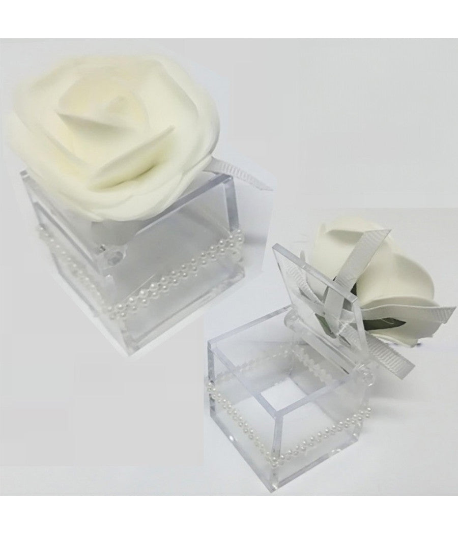 Bomboniere Scatola Con Rosa Bianca Perle Cubo 4.5cm Portaconfetti Per Matrimonio         