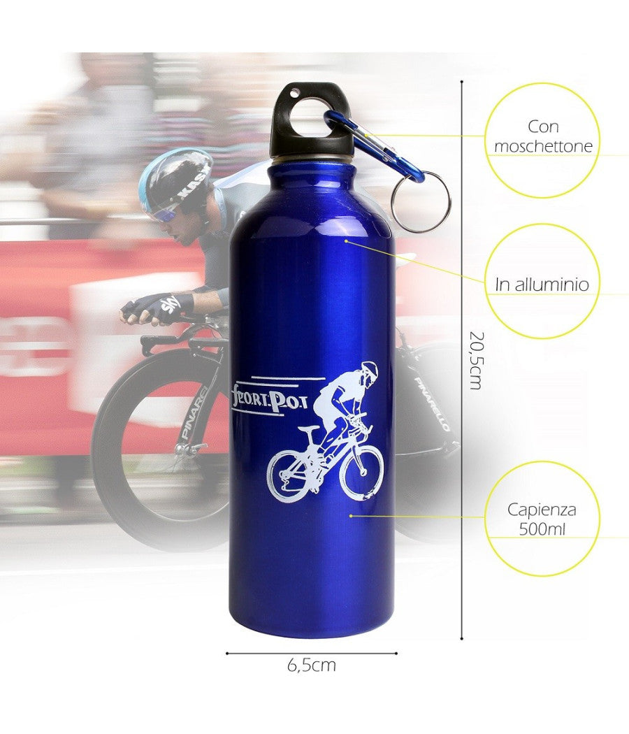 Borraccia In Alluminio Tappo Ermetico Con Moschettone Da 500 Ml Colorate Xc-2504         
