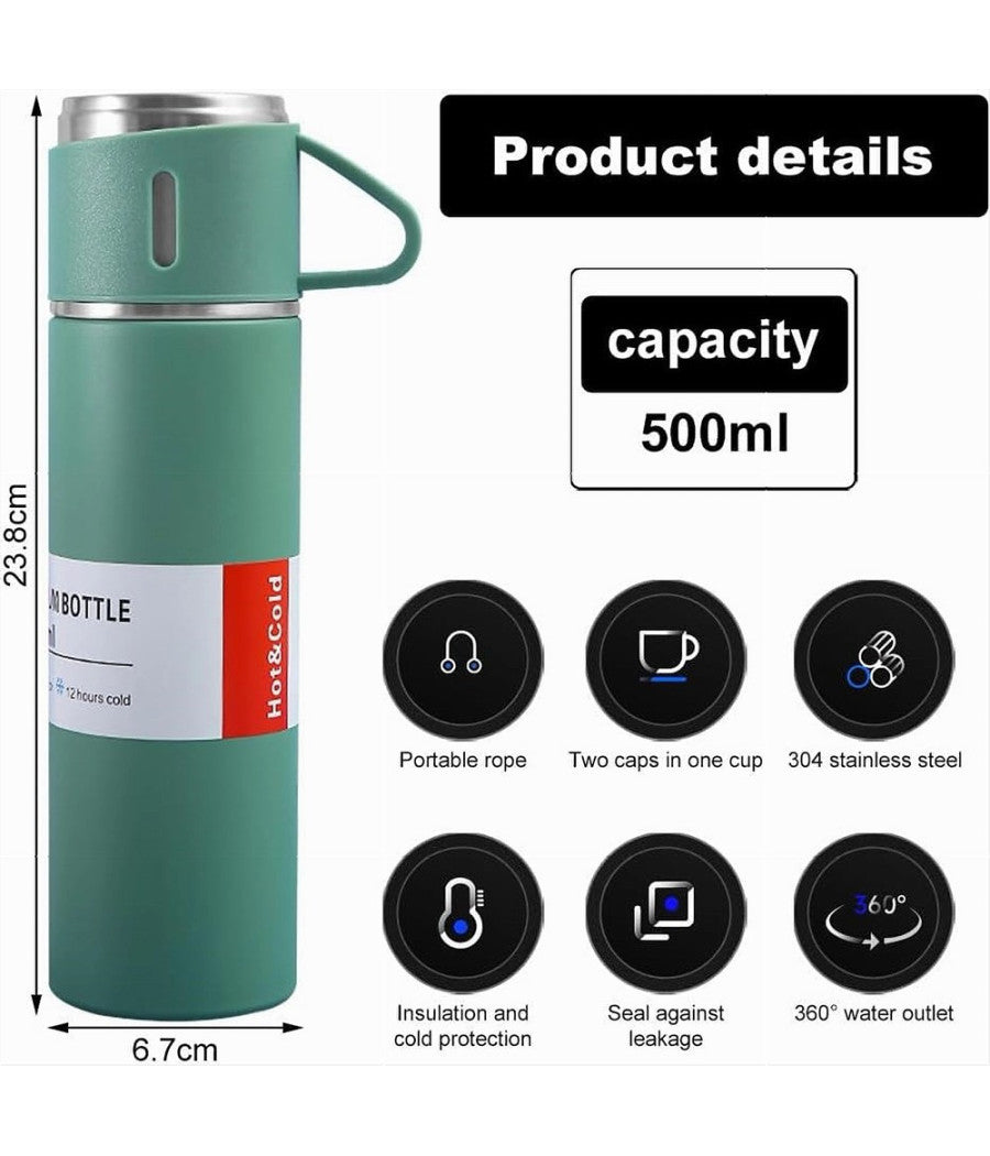 Borraccia Termica 500ml In Acciaio Inox Con Tazza Manico Per Bevande Calde Fredde         