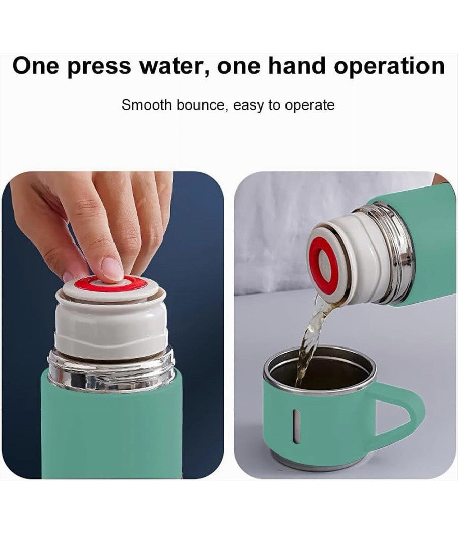 Borraccia Termica 500ml In Acciaio Inox Con Tazza Manico Per Bevande Calde Fredde         