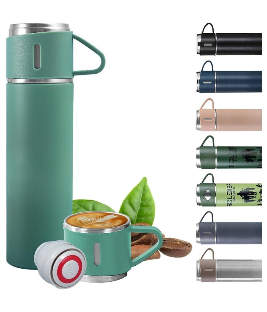 Borraccia Termica 500ml In Acciaio Inox Con Tazza Manico Per Bevande Calde Fredde         