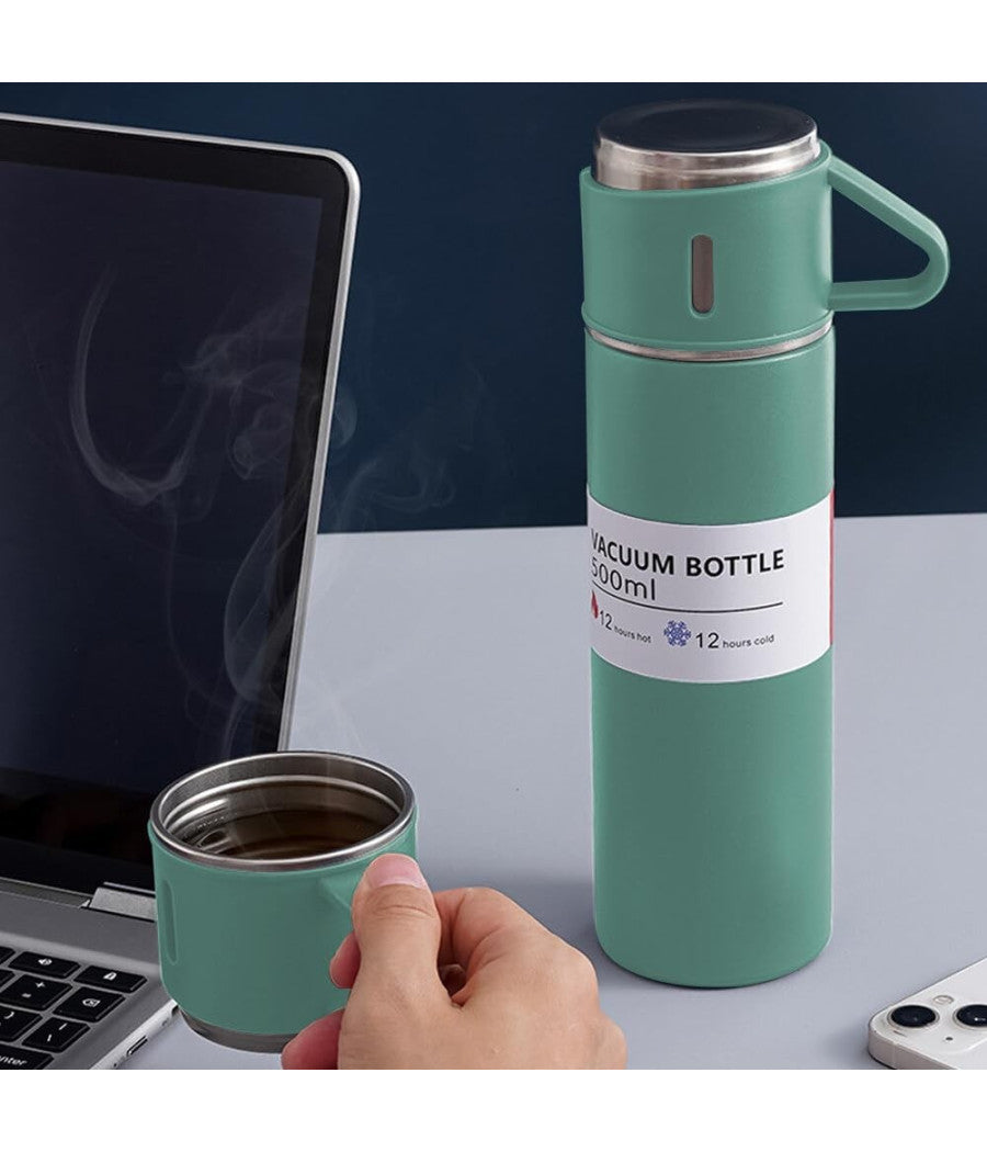 Borraccia Termica 500ml In Acciaio Inox Con Tazza Manico Per Bevande Calde Fredde         