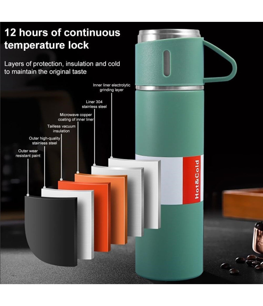 Borraccia Termica 500ml In Acciaio Inox Con Tazza Manico Per Bevande Calde Fredde         