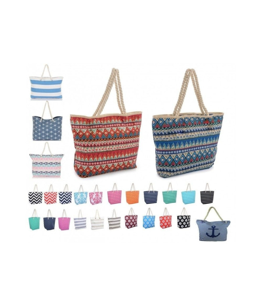 Borsa Da Spiaggia 47x32cm Casual Manici Tela Retro' Vintage Azteco Righe Scuola         