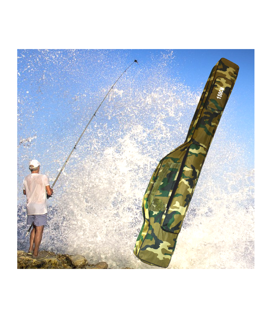 Borsa Fodero Custodia Porta Canne Da Pesca 150cm Con 2 Scomparti Zip Pieghevole         