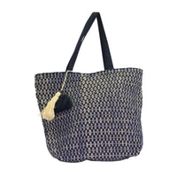 Borsa tessuto crema decori blu azzurro con manici cm 43xh70/45x3