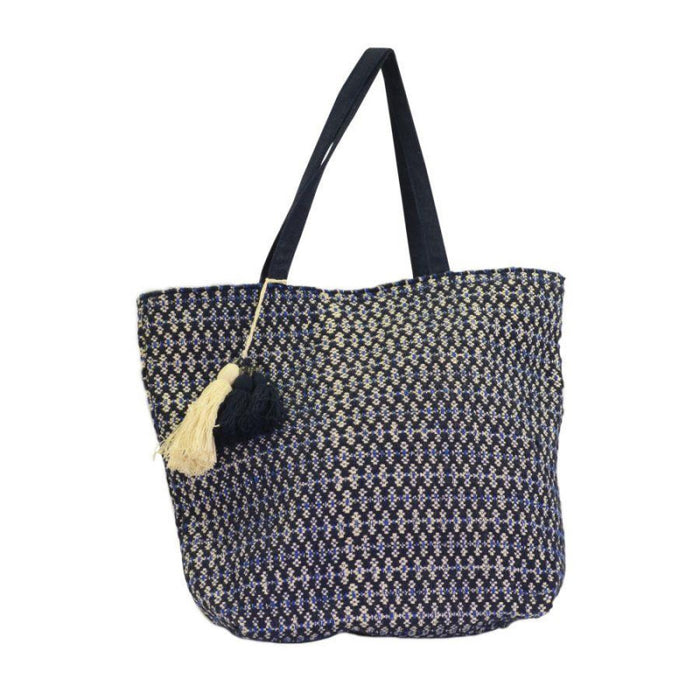 Borsa tessuto crema decori blu azzurro con manici cm 43xh70/45x3