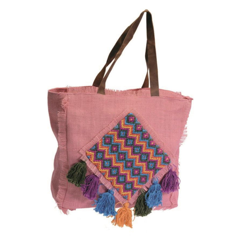 Borsa juta rosa con pon pon cm 43xh37x14