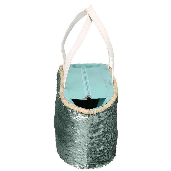 Borsa paglia con paillettes azzurro cm 47x18h23