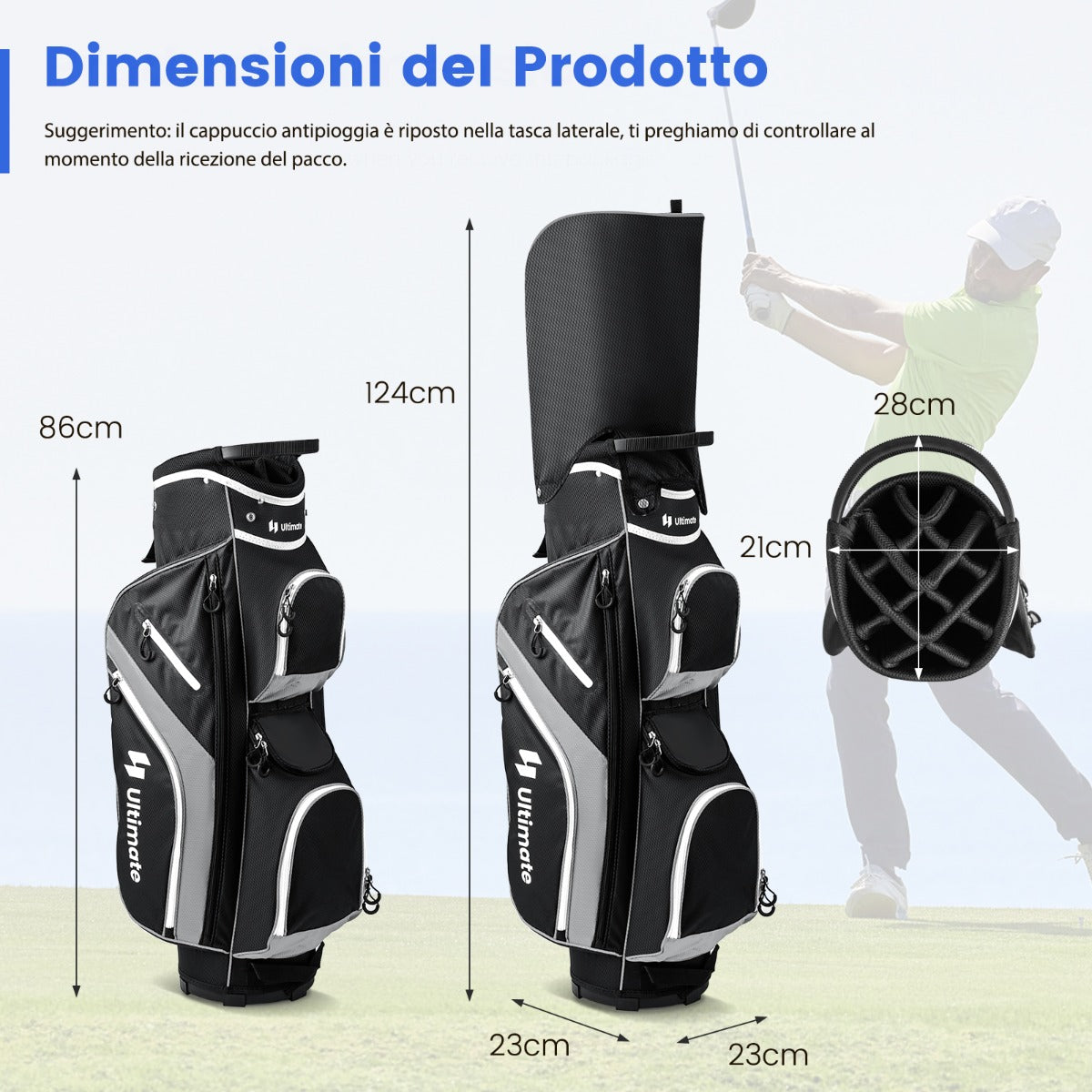 Borsa da golf tracolla e cappuccio antipioggia per uomo e donna, Borsa da golf con divisori superiori a 14 vie 9 tasche Grigio-Golf