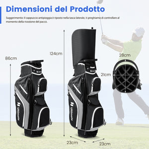 Borsa da golf tracolla e cappuccio antipioggia per uomo e donna, Borsa da golf con divisori superiori a 14 vie 9 tasche Grigio-Golf
