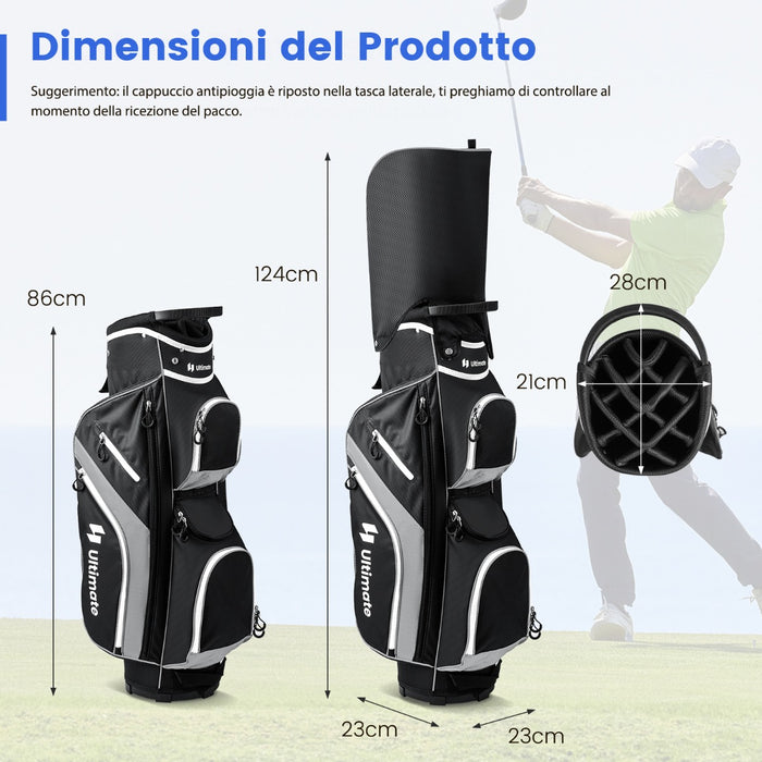 Borsa da golf tracolla e cappuccio antipioggia per uomo e donna, Borsa da golf con divisori superiori a 14 vie 9 tasche Grigio-Golf
