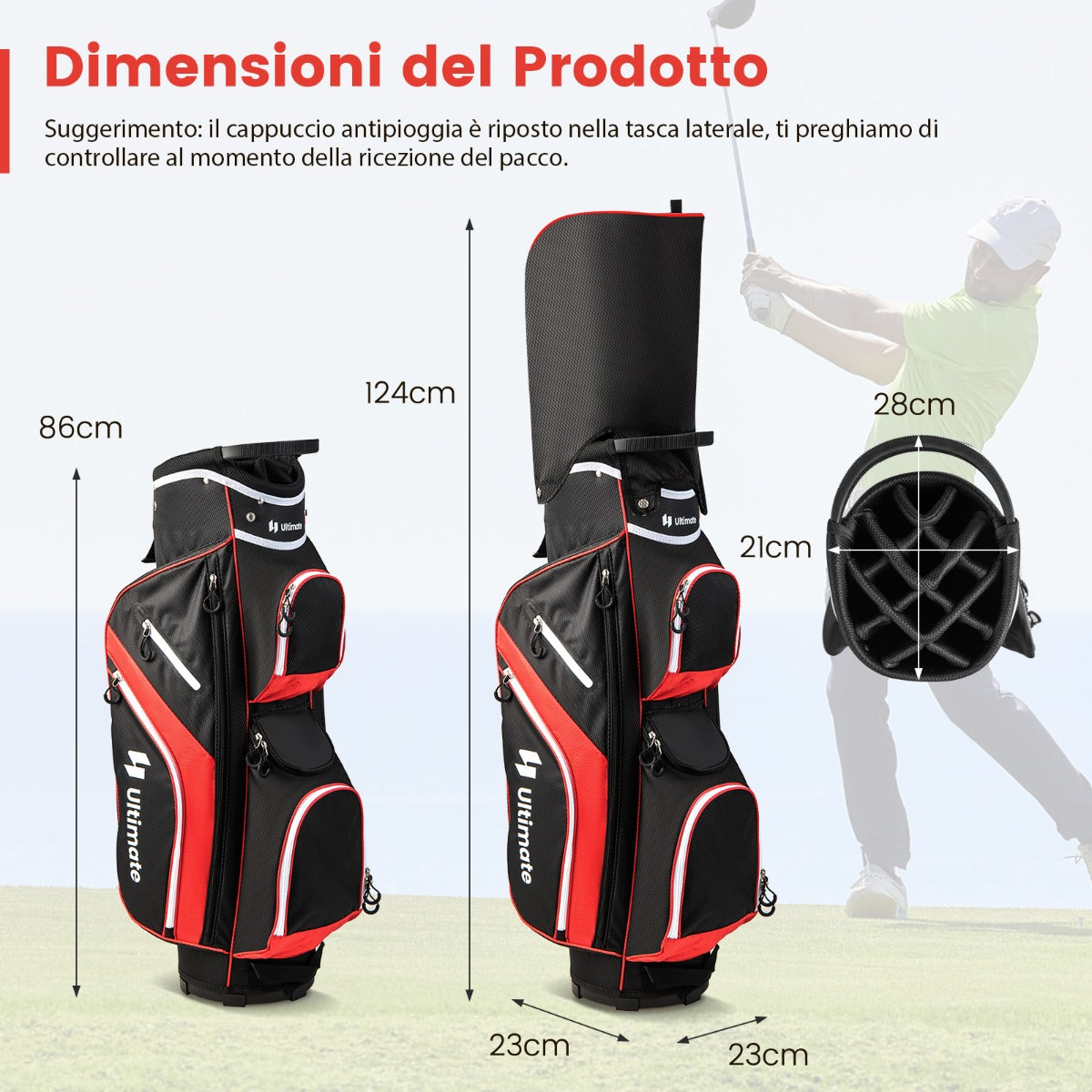 Borsa da golf tracolla e cappuccio antipioggia per uomo e donna, Borsa da golf con divisori superiori a 14 vie 9 tasche Rosso-Golf
