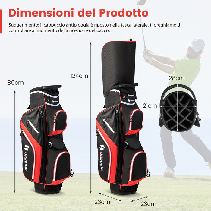 Borsa da golf tracolla e cappuccio antipioggia per uomo e donna, Borsa da golf con divisori superiori a 14 vie 9 tasche Rosso-Golf