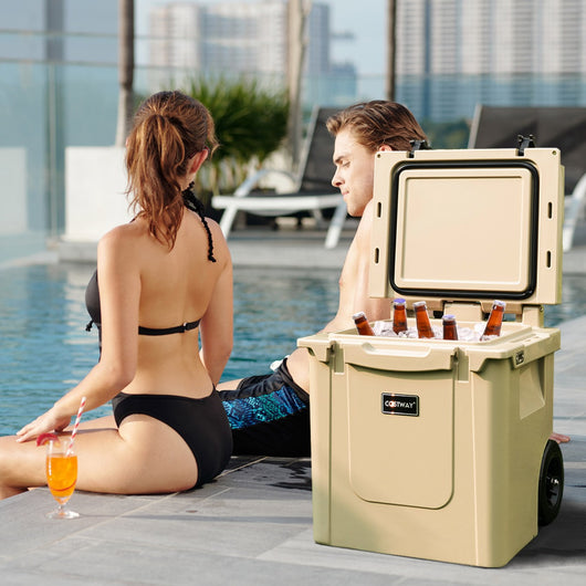 Borsa frigo rigida da 43L con ruote maniglia in alluminio apribottiglie, Ghiacciaia ad alte prestazioni Sabbia-Contenitori raffreddamento