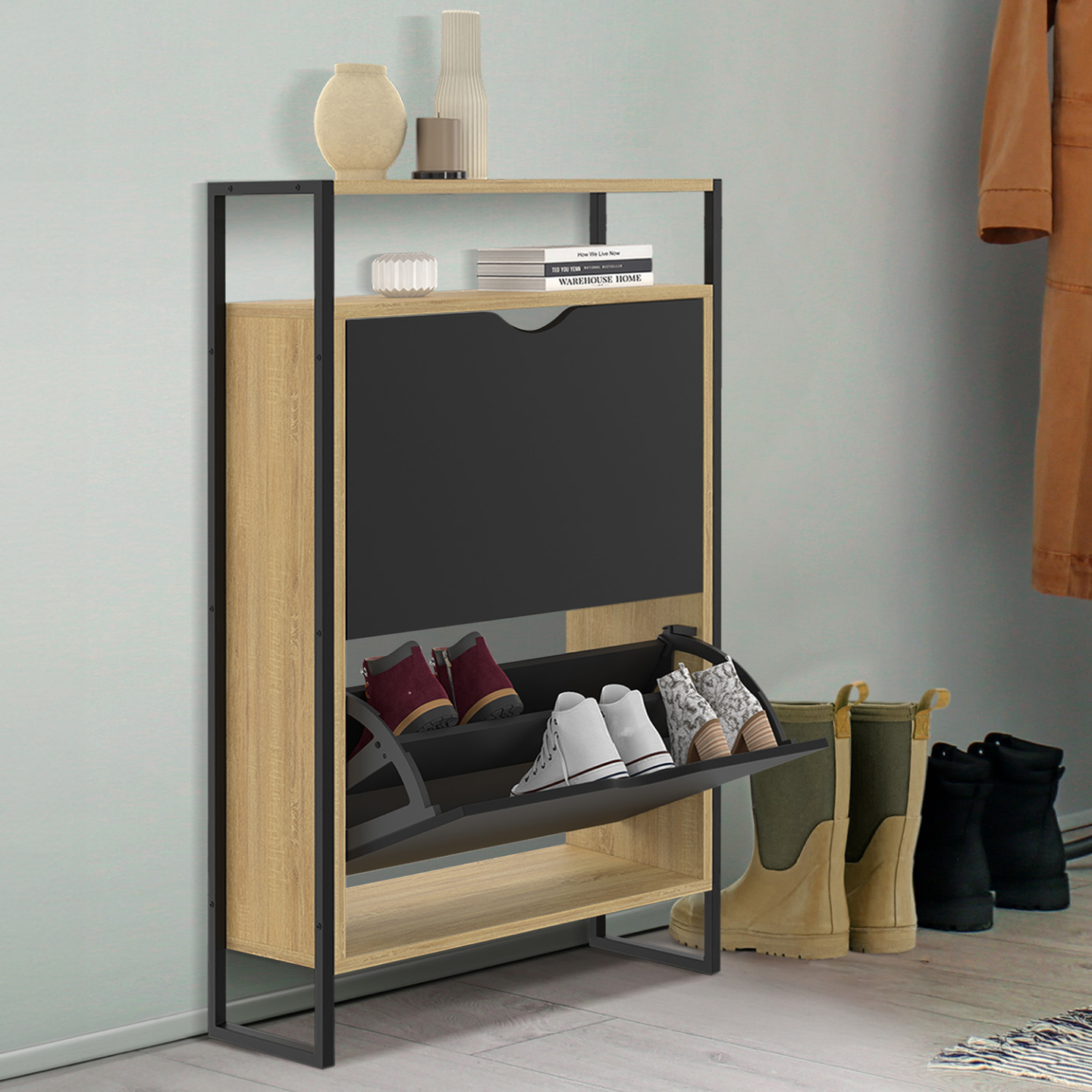 IDMarket - BOSTON Mueble zapatero de 2 puertas con estante superior de diseño industrial