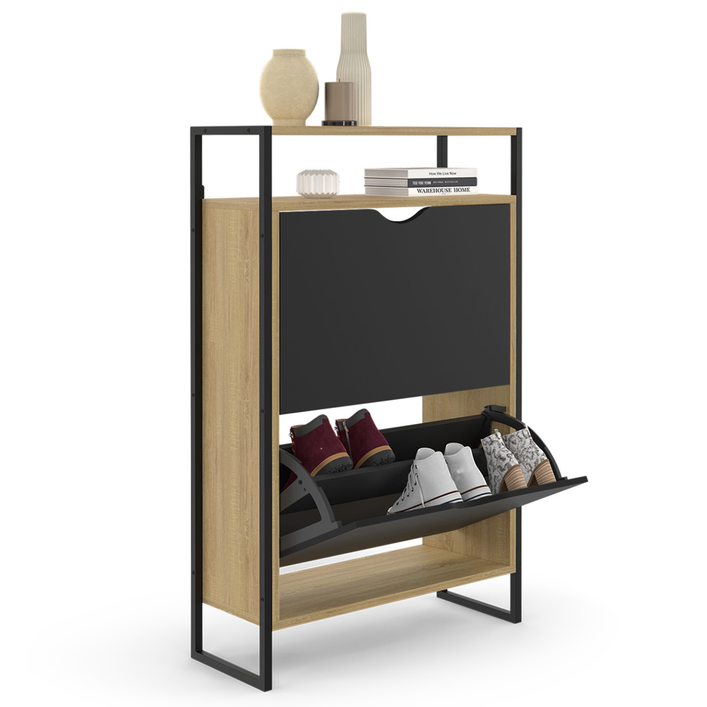 IDMarket - BOSTON Mueble zapatero de 2 puertas con estante superior de diseño industrial