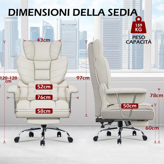 Sedia da ufficio con Poggiapiedi Telescopico - RATTANTREE - Sedia Presidenziale da Ufficio Poltrona - Pelle PU - Bianco