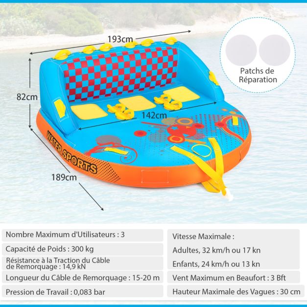 Boa gonfiabile trainata per 3 persone portata 300 kg gommone trainabile copertura in nylon con 2 punti di traino 193 x 189 x 82 cm 20_0007929