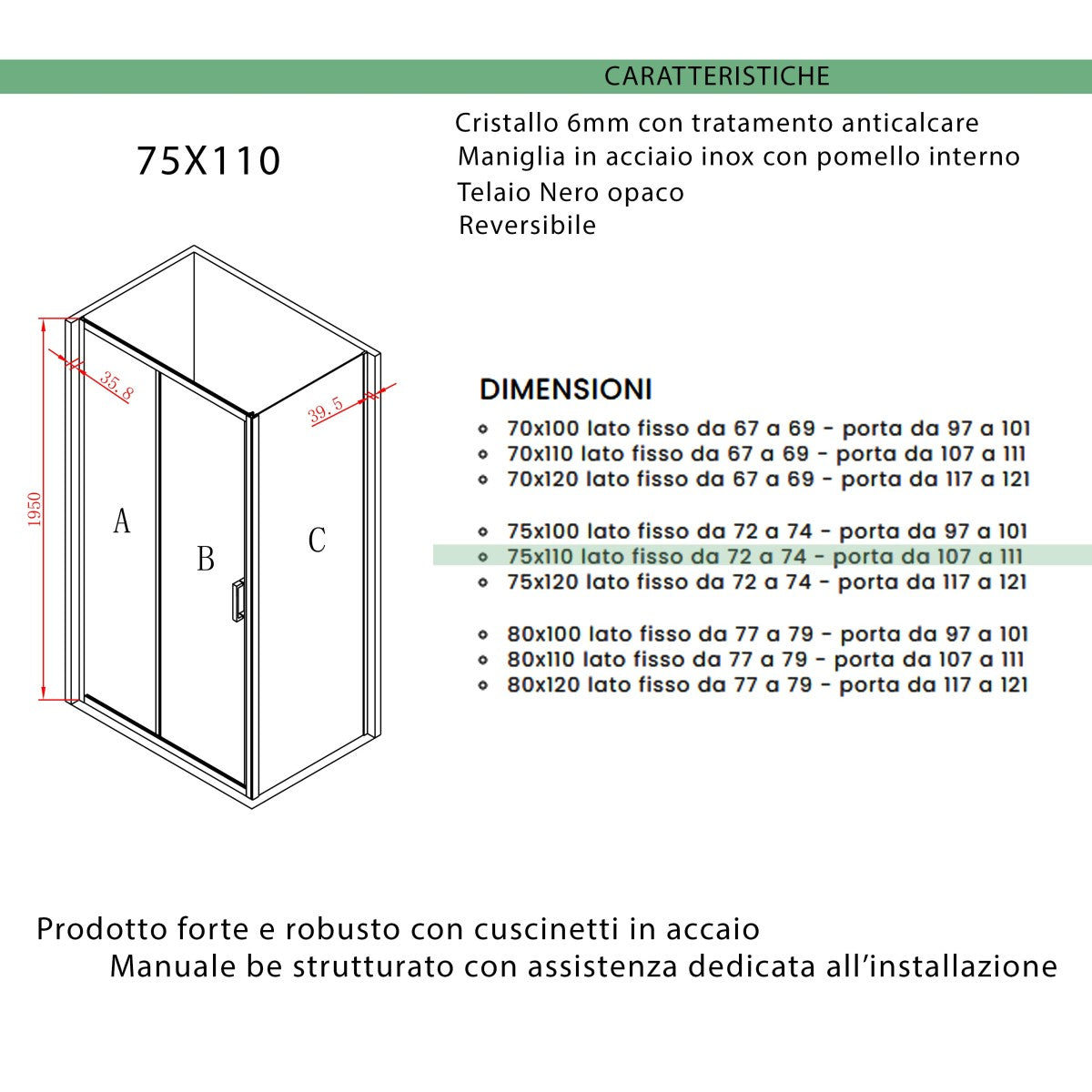 Box doccia due lati apertura scorrevole profili neri 6mm h195 agata, misura 75x110