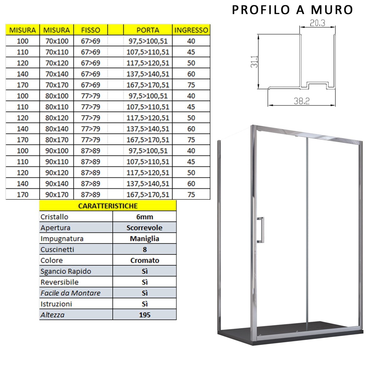 Box doccia due lati fisso più scorrevole trasparente agata, misura 70x160