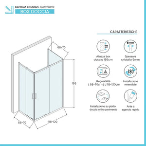 Box doccia 3 lati 70x120x70 cm doppio scorrevole trasparente  Tay