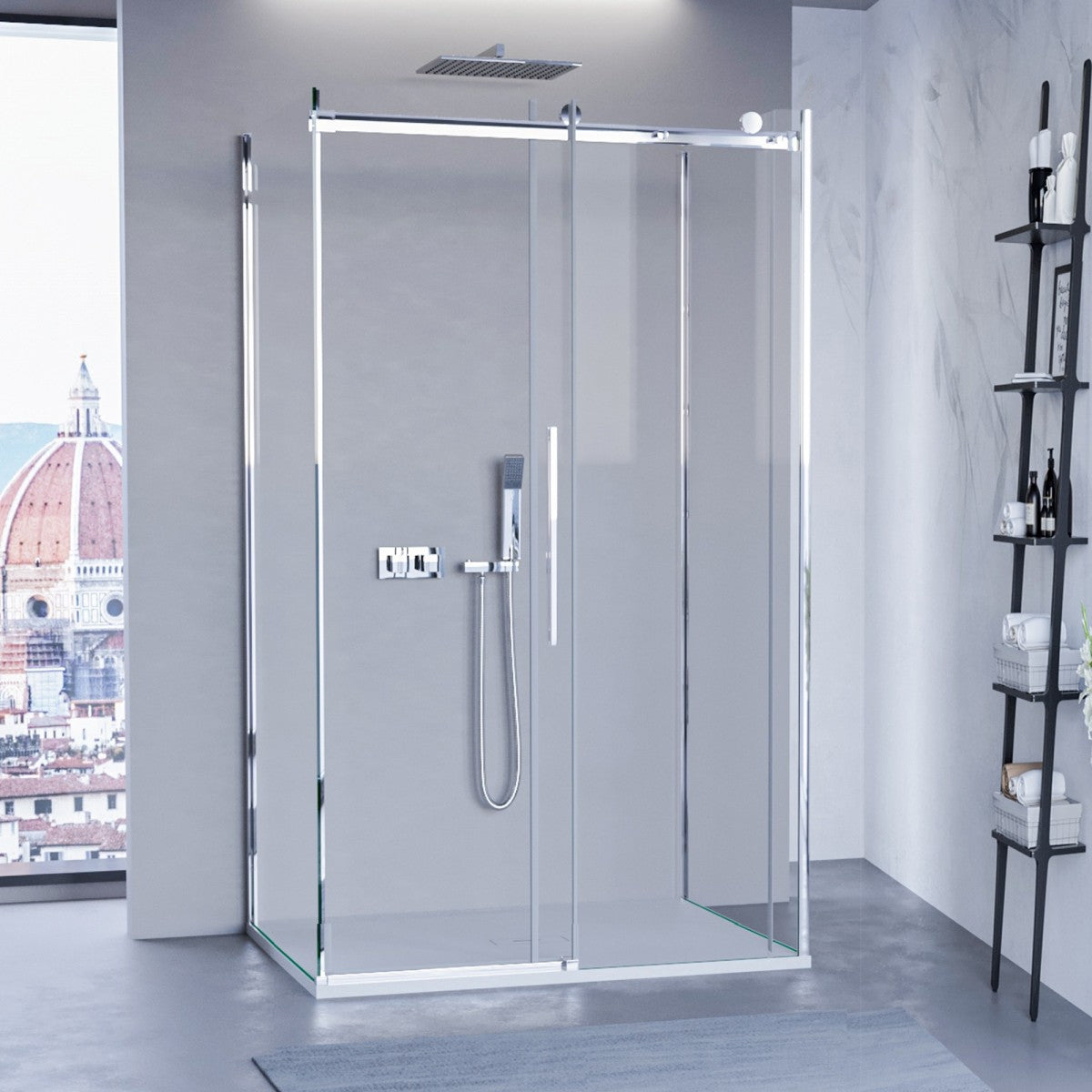 Box doccia tre lati porta scorrevole trasparente h195cm 8mm anticalcare euclide, misura 90x140x90