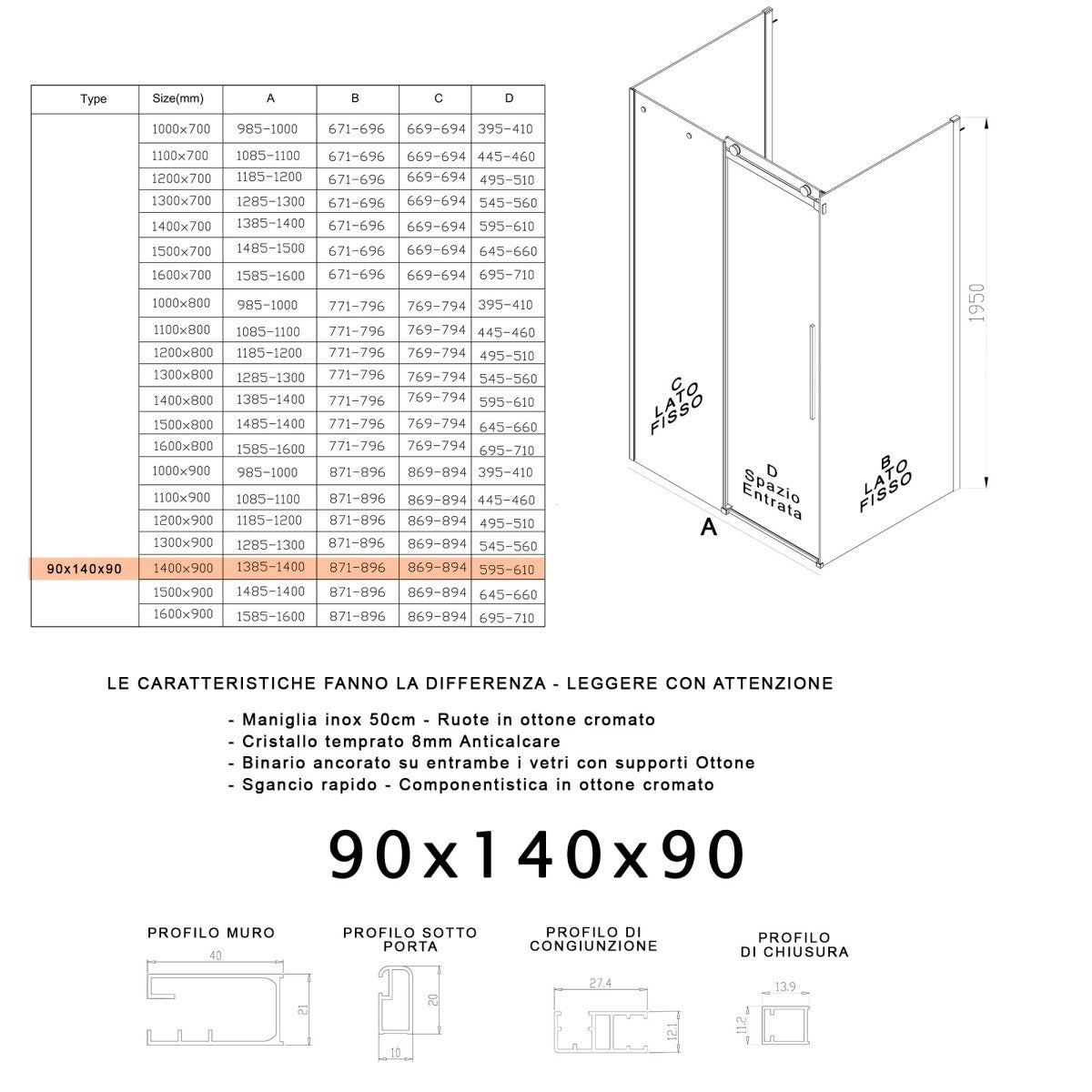 Box doccia tre lati porta scorrevole trasparente h195cm 8mm anticalcare euclide, misura 90x140x90
