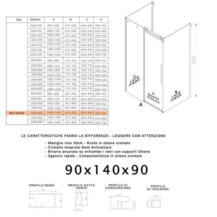 Box doccia tre lati porta scorrevole trasparente h195cm 8mm anticalcare euclide, misura 90x140x90