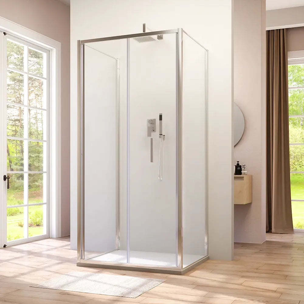 Box doccia tre lati 80x90x80cm con porta a libro profili cromati e vetro 6mm trasparente h190 | Portofino