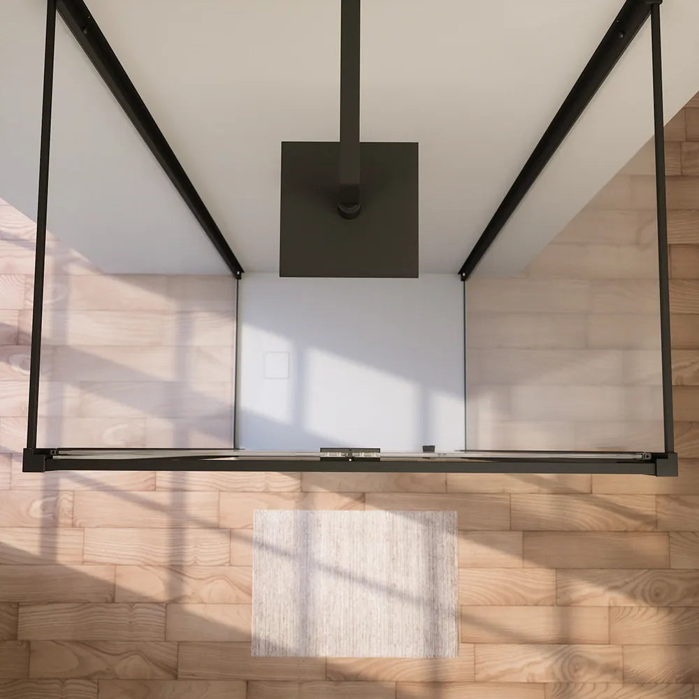 Box doccia tre lati 90x90x90cm con porta a libro profili nero opaco e vetro 6mm trasparente h190 | Portofino