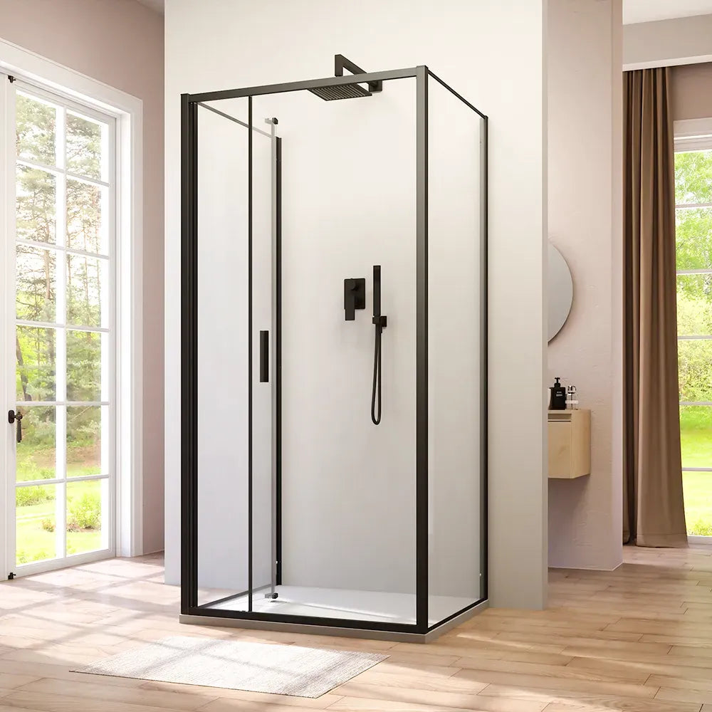 Box doccia tre lati 90x90x90cm con porta a libro profili nero opaco e vetro 6mm trasparente h190 | Portofino
