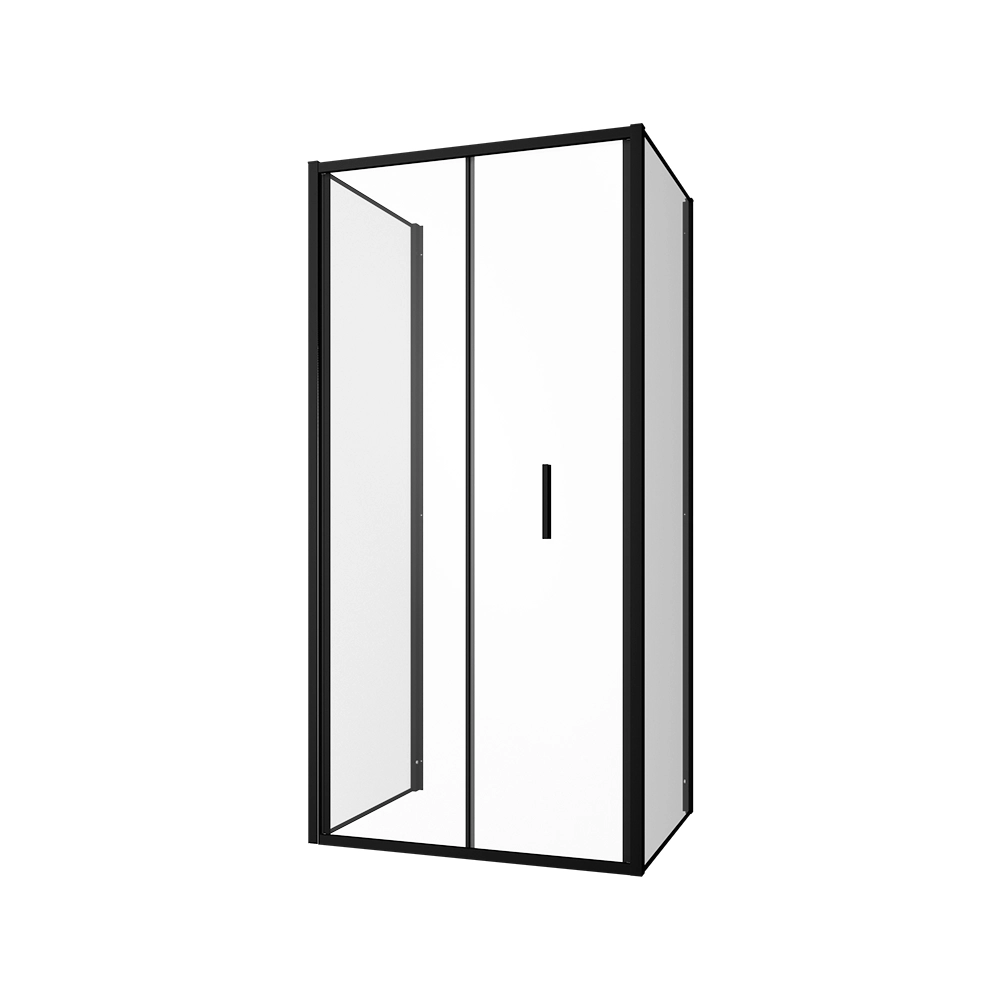 Box doccia tre lati 90x90x90cm con porta a libro profili nero opaco e vetro 6mm trasparente h190 | Portofino