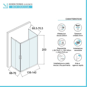 Box doccia 70x140x70 cm con doppio scorrevole trasparente H 200 cm Ted