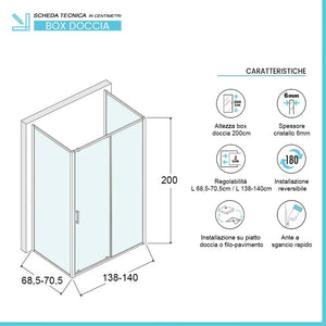 Box doccia 70x140x70 cm con porta scorrevole serigrafata H 200 cm Ted