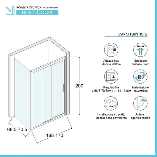 Box doccia 70x170 cm con porta scorrevole serigrafata H 200 cm Ted