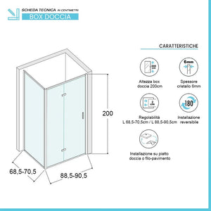 Box doccia 70x90 cm con porta a soffietto trasparente H 200 cm Ted