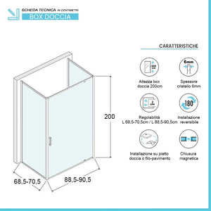 Box doccia 70x90x70 cm con porta a battente serigrafata H 200 cm Ted