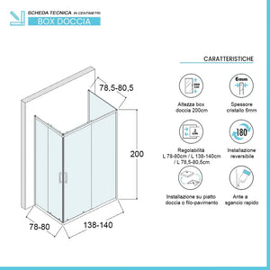 Box doccia 80x140x80 cm con doppio scorrevole trasparente H 200 cm Ted