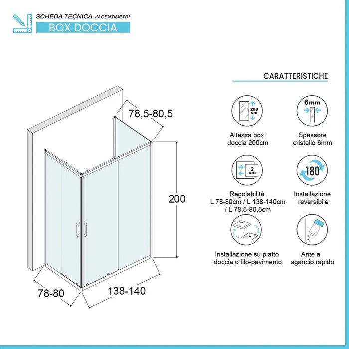 Box doccia 80x140x80 cm con doppio scorrevole trasparente H 200 cm Ted